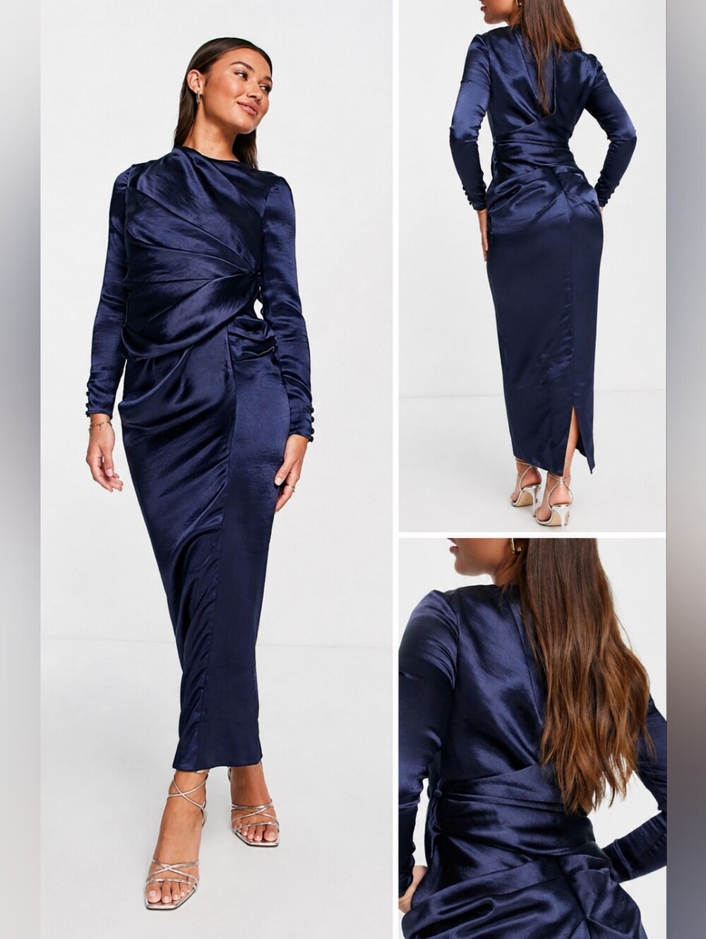 Navy Satin Ruched Long Sleeve Midi Dress